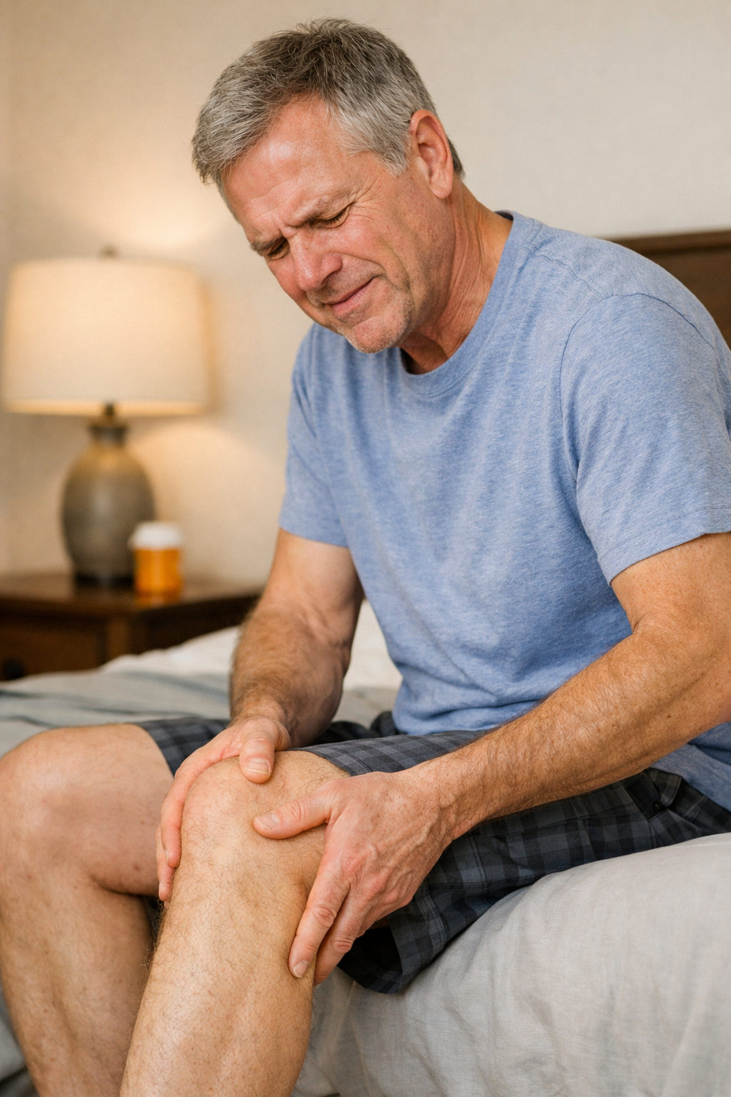 Man in his 50s rubbing his legs with discomfort while sitting on a couch, honest and vulnerable